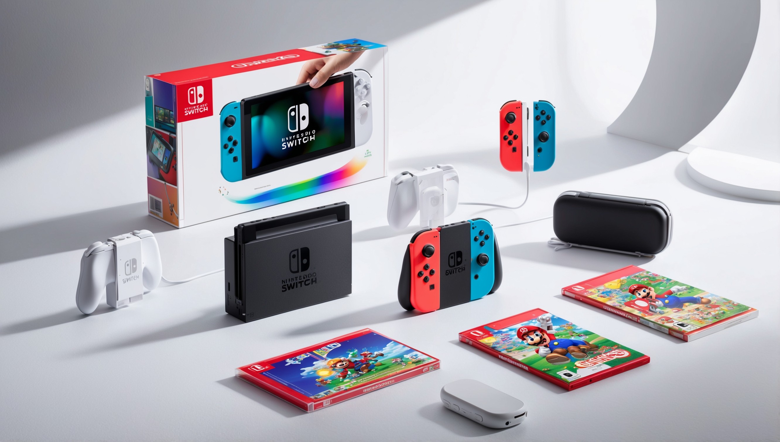 A beautifully lit, high-angle shot of a Nintendo Switch OLED bundle, featuring the console's sleek, modern design with a vibrant OLED screen, placed on a clean, minimalist background, surrounded by its matching white controllers and a few iconic Nintendo games, such as The Legend of Zelda or Super Mario, with bold, colorful cover art, and a few subtle, curved lines of the console's packaging in the background, with a soft, gradient-like shadow, subtly highlighting the bundle's premium quality, against a pure white or light gray background, with a shallow depth of field, drawing the viewer's attention to the console and its accompanying accessories, in a bright, airy, and inviting atmosphere.