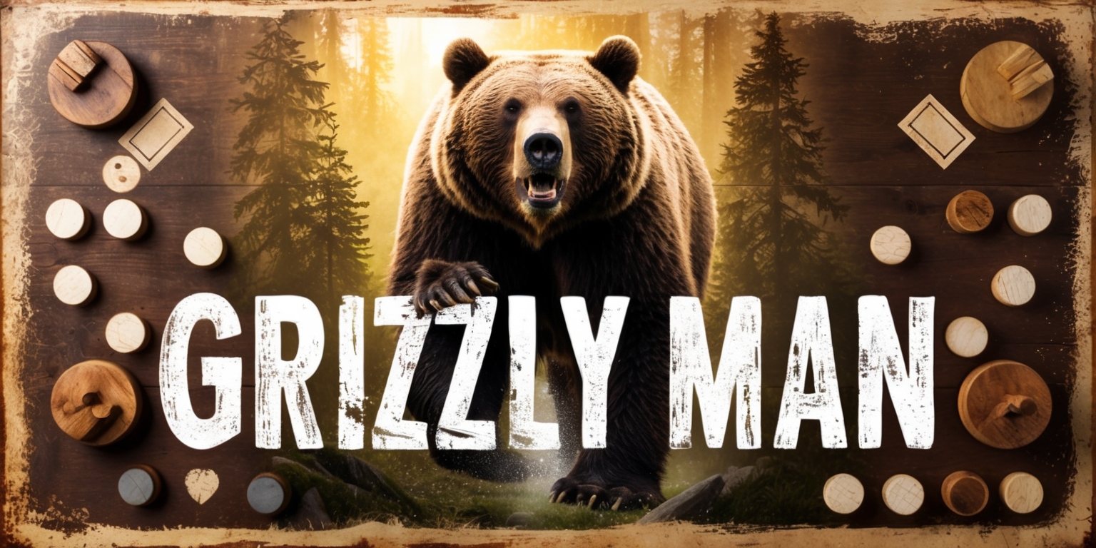 A rustic, worn, wooden game board featuring a majestic grizzly bear emerging from a dense forest, set against a warm, earthy background with hints of golden sunlight, surrounded by vintage-style game pieces and scoring markers in muted earth tones, with a distressed, hand-drawn font displaying the game's title Grizzly Man in bold, adventurous letters, evoking a sense of primal excitement and wilderness exploration.