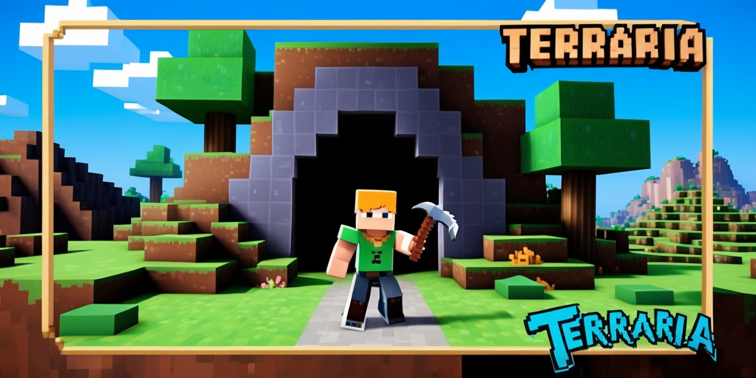 A vibrant digital artwork of the Terraria game, featuring a 2D pixelated landscape with a character standing in front of a cave entrance, surrounded by trees, rocks, and a bright blue sky with fluffy white clouds, the character has a determined expression on their face, with a pickaxe in hand, and is dressed in a iconic Terraria outfit, with a mix of earthy tones and bright colors, the overall style is reminiscent of a classic video game, with a focus on adventure and exploration, the artwork is set against a rectangular frame with a slight border, and the Terraria logo is subtly integrated into the scene in a bold, pixelated font.
