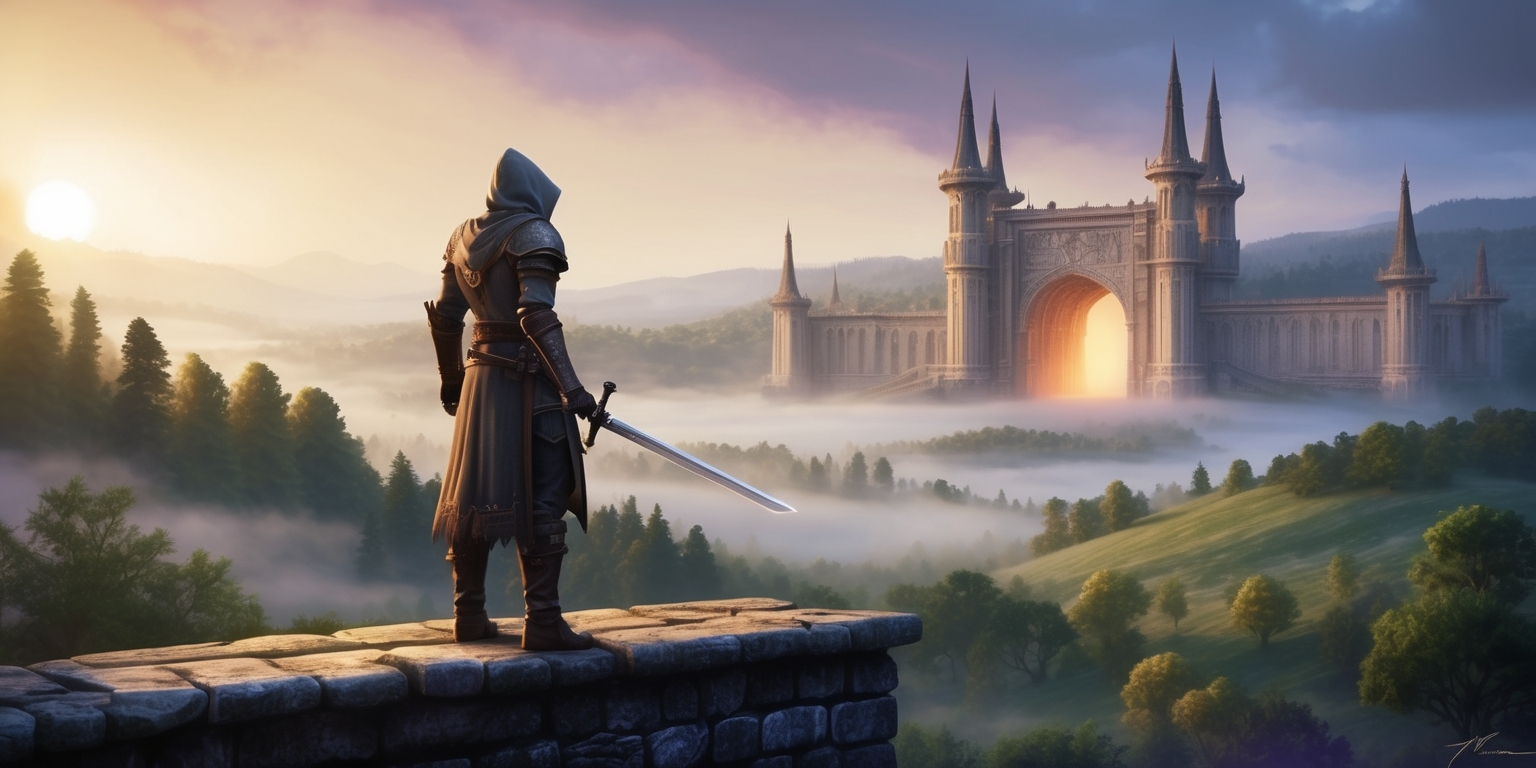 A serene, misty dawn breaks over the lush, green forests and rolling hills of Cyrodiil, with the majestic Imperial Palace of Kvatch standing proudly in the distance, its intricate stone architecture and grand spires reaching towards the sky, as a lone, hooded figure, clad in worn leather armor and carrying a sword at their side, stands atop a weathered stone wall, gazing out at the breathtaking vista, with the iconic Oblivion gate looming in the background, its ominous, fiery glow illuminating the mist-shrouded landscape, set against a warm, golden color palette with hints of blue and purple, evoking a sense of wonder and adventure, in a highly detailed, photorealistic digital painting style.