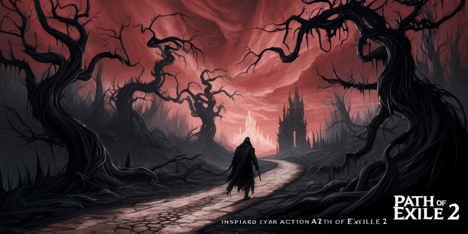 A dramatic, high-fantasy illustration of a dark and foreboding landscape inspired by the action RPG game Path of Exile 2, with a worn, ancient road winding its way through a twisted, nightmarish forest, lit only by the faint, eerie glow of malevolent, otherworldly energies, with gnarled, blackened tree branches reaching towards the sky like skeletal fingers, set against a deep, ominous, crimson-tinged sky with clouds that seem to writhe and twist like living darkness, in a style reminiscent of medieval, gothic art, with bold lines, muted colors, and intricate details, featuring a lone, hooded figure in the distance, walking away from the viewer, their face obscured by shadows, clad in tattered, dark robes that billow behind them like a dark cloud, with the faint, ghostly outline of ruined, ancient buildings looming in the background.