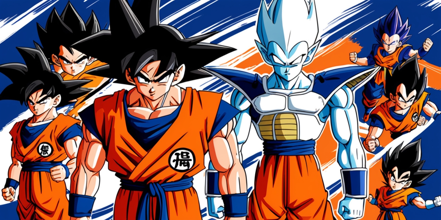 A vibrant, action-packed illustration featuring iconic characters from the Dragon Ball DAIMA series set against a dynamic, sweeping background with bold brushstrokes and expressive linework. The dominant colors are a palette of deep blues and oranges, evoking a sense of intensity and energy. Goku, with his spiky black hair and determined expression, takes center stage, clad in his iconic orange gi. Vegeta, with his regal, angular facial features and piercing eyes, stands proudly alongside him, donning his signature blue and white armor. Other fan-favorite characters, such as Trunks and Piccolo, are scattered throughout the scene, each showcasing their unique abilities and battle poses. The overall aesthetic is reminiscent of classic manga, with bold lines, dramatic shading, and a sense of kinetic movement that captures the epic battles and high-stakes drama of the Dragon Ball universe.