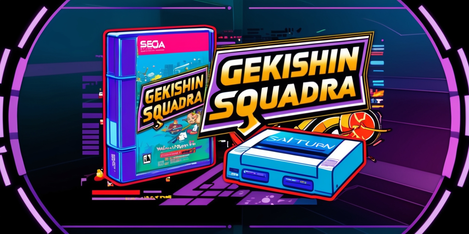 A vibrant and dynamic illustration of the Gekishin Squadra game, showcasing a VHS-style video game cartridge and a Sega Saturn console, surrounded by colorful Japanese-inspired graphics and bold typography, with the game's title emblazoned in a stylized, neon-lit font, set against a dark blue and purple gradient background, evoking a sense of nostalgia and retro futurism, with subtle pixelation effects and scanlines to give it a classic video game aesthetic.
