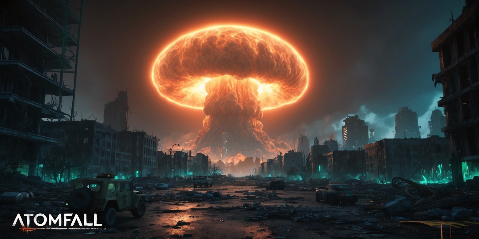 A dystopian, futuristic video game screenshot from Atomfall, featuring a ruined, desolate urban landscape with a massive, glowing, irradiated mushroom cloud looming in the background, casting an ominous, eerie, warm orange glow on the devastated cityscape, with crumbling skyscrapers, debris-filled streets, and abandoned military vehicles, set against a dark, foreboding, with neon-blue accents and hints of toxic green, evoking a sense of post-apocalyptic chaos and radioactive decay, with a photorealistic, highly detailed, and textured graphical style, reminiscent of modern AAA video games, with subtle, gritty, filmic grain and a shallow depth of field, drawing the viewer's attention to the center of the image.