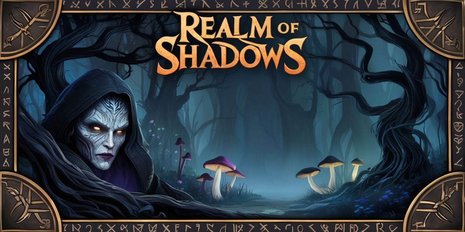A dark fantasy video game scene from Realm of Shadows, featuring a mysterious figure with intricate facial features, pale skin, and piercing eyes, set against a hauntingly beautiful backdrop of twisted trees, glowing mushrooms, and eerie mist, with a predominantly dark color palette and accents of muted blues and purples, in a stylized illustration style with bold lines and textures, framed by a subtle border of ancient runes and mysterious symbols, with the game's logo emblazoned in bold, gothic font at the top, in a warm golden color that contrasts with the dark atmosphere, inviting the viewer to enter the mystical world of Realm of Shadows.