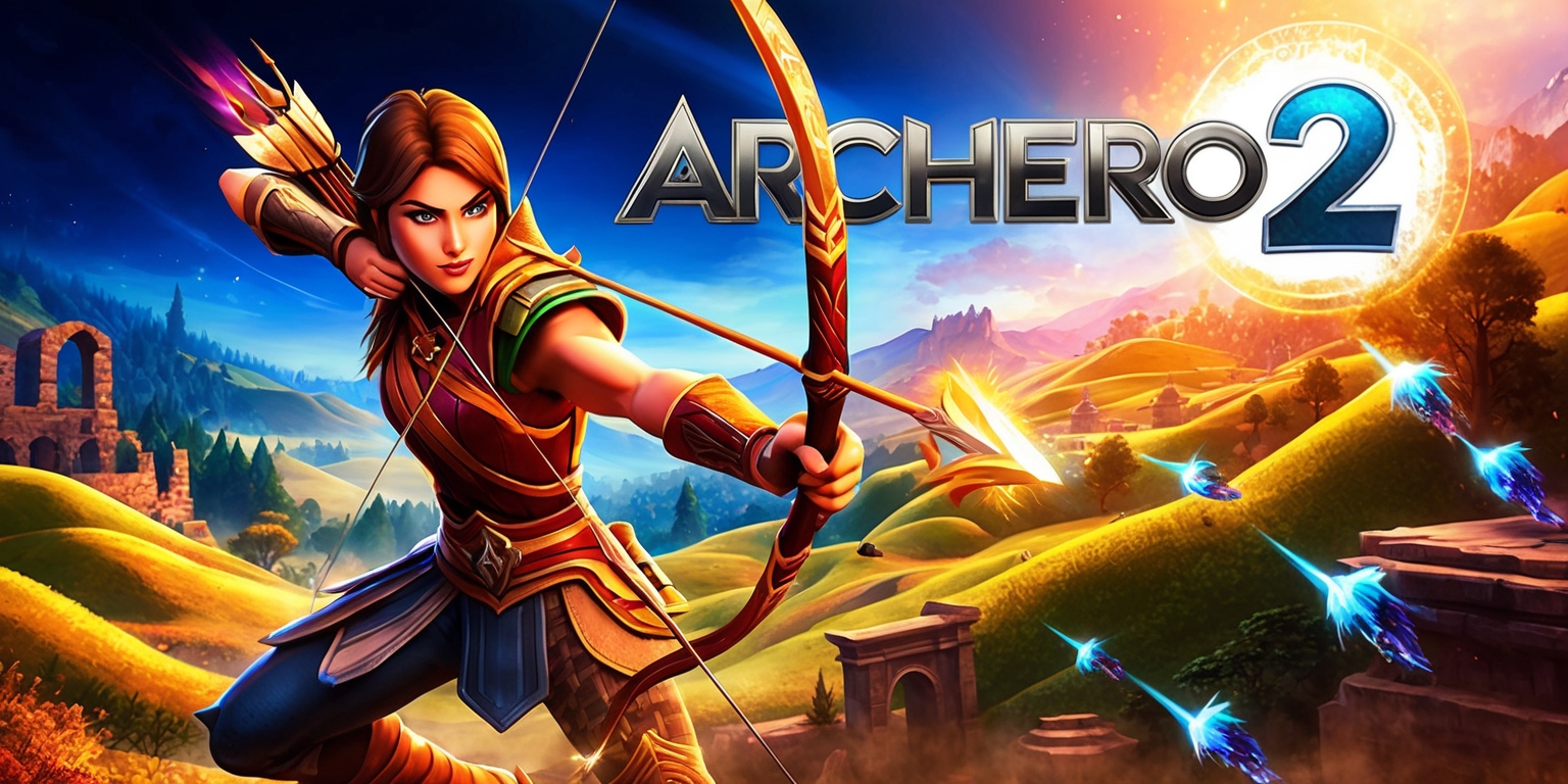 A vibrant and dynamic illustration of the action-packed Archero 2 game, featuring a heroic archer warrior with striking facial features, medium brown skin, and distinctive armor, set against a stunning fantasy landscape with rolling hills, ancient ruins, and mysterious forests, rendered in a mesmerizing blend of warm golden and deep blue colors, with intricate details and textures, and a bold, eye-catching logo of the game title in a modern, sans-serif font with sharp edges and a metallic silver color, prominently displayed at the top of the image, with the archer character poised in mid-air, surrounded by a halo of light, and wielding an enchanted bow and arrow, as a flurry of magical projectiles and enemy projectiles whizz by, in a thrilling and immersive scene that showcases the game's epic gameplay and captivating visuals.
