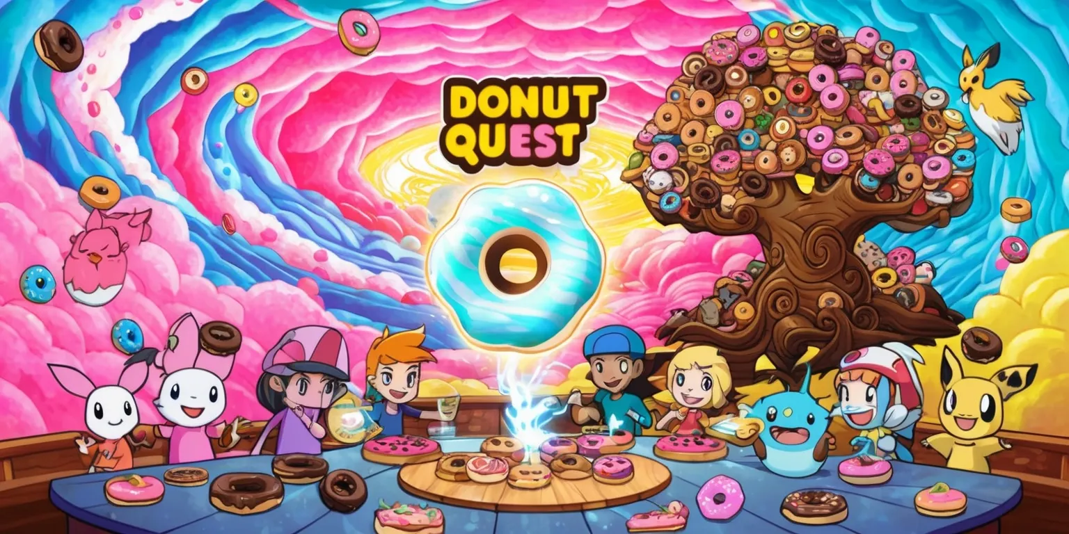 A colorful illustration of the Donut Quest game, featuring a vibrant, interdimensional world with swirling clouds of pink, blue, and yellow, where players craft special donuts with various toppings and fillings, surrounded by Pokémon-like companions with unique features and abilities, with a large, ornate donut tree in the background, its branches overflowing with an assortment of donuts, and a few players gathered around a wooden table, excitedly experimenting with new recipes, with a mixture of digital and hand-drawn elements, bold lines, and textured patterns, and a bright, glowing light emanating from the donuts, symbolizing their strategic power and the thrill of adventure and discovery.