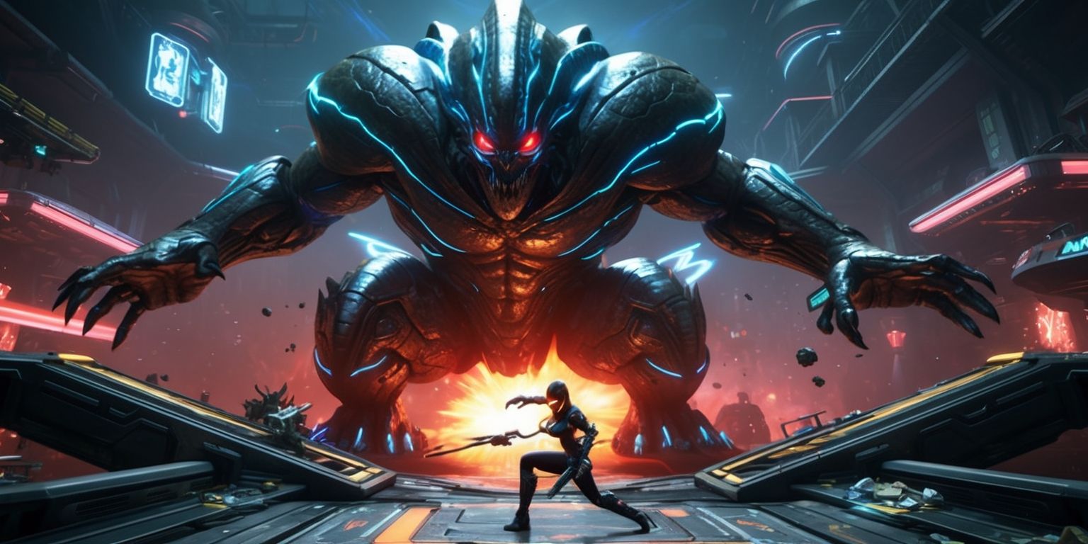 A futuristic game environment with a large, ominous boss at its center, showcasing agile movements and unpredictable teleportation abilities, set against a backdrop of intricate level design with platforms, obstacles, and environmental puzzles, the boss's body a mass of dark, metallic scales with glowing blue lines, its eyes burning with intense red orbs, as the player, a lean figure with sleek armor and a determined expression, navigates the challenges with precision and evasion, collecting keys and managing resources to execute tactical hit-and-run maneuvers, the atmosphere charged with dynamic energy and immersive combat intensity, with neon lights and holographic displays illuminating the dark, gritty surroundings, and a hint of smoke and debris filling the air, as the player and boss engage in a fierce, multi-phase battle.