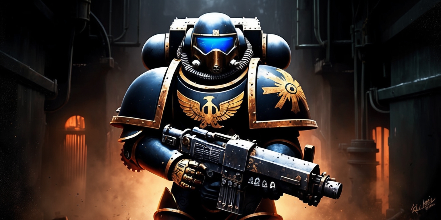 A dramatic, high-contrast digital illustration of a Space Marine from the Warhammer 40K universe, set against a dark, gritty, industrial background with hints of smoky orange lighting, showcasing the iconic power armor with intricate details, gold accents, and a bold aquila emblem on the chest plate, the Marine's face obscured by a helmet with a glowing blue visor, their hand grasping a heavy bolter with worn, battle-worn textures, surrounded by subtle atmospheric effects and minute hints of battle damage, with the atmosphere thick with the weight of impending war, evoking a sense of foreboding and intense action.