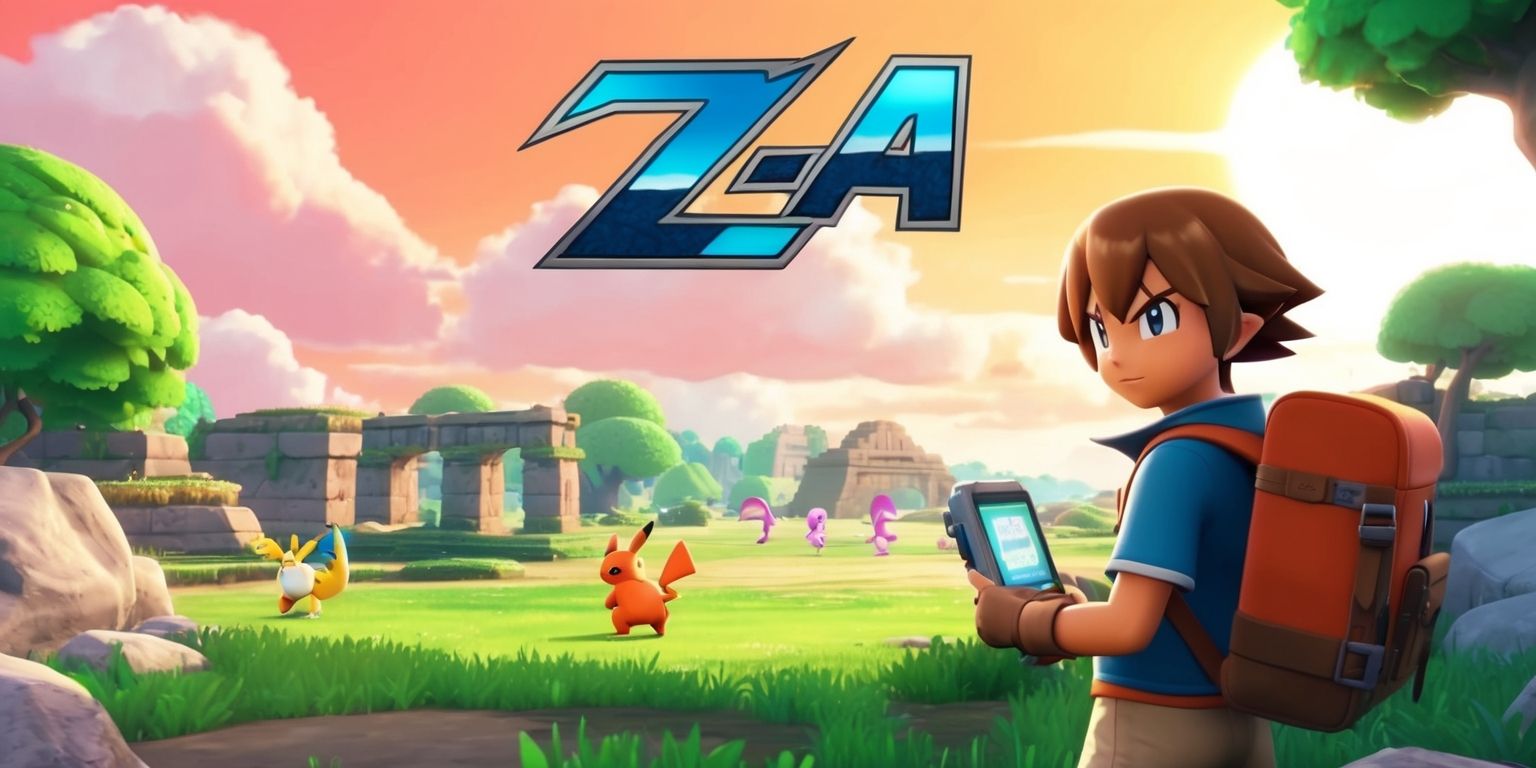 A vibrant video game scene from Pokémon Legends: Z-A, featuring a mix of lush green landscapes and ancient ruins, with a few Pokémon roaming in the distance, set against a warm orange and pink sunset sky with fluffy white clouds, the game's logo, a stylized letter Z and A in bold blue and silver font, prominently displayed at the top, with the game's protagonist, a young adventurer with short brown hair and a determined expression, standing in the foreground, wearing a backpack and holding a Pokédex, a high-tech encyclopedia that records information on all the Pokémon they encounter, with a few trees and rocks framing the scene, and a subtle glow effect on the Pokémon to give it a sense of depth and wonder.