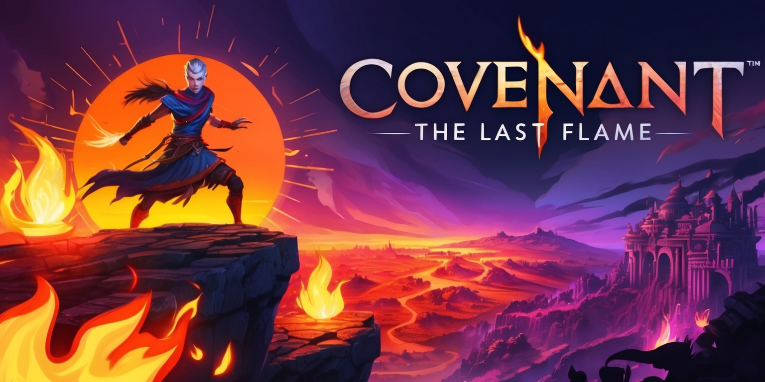A dramatic scene from Covenant: The Last Flame game, featuring a heroic figure with determined facial features and radiant skin, standing atop a rugged cliff, set against a vibrant orange and purple sunset backdrop, with flames dancing in the foreground, and a sprawling, mystical landscape unfolding in the distance, rendered in a stunning, high-contrast, digital art style, with bold lines, intricate textures, and majestic architecture, and the game's logo, in a bold, metallic font, with a subtle glow effect, emblazoned across the top of the image, in a layout that balances action, drama, and wonder.