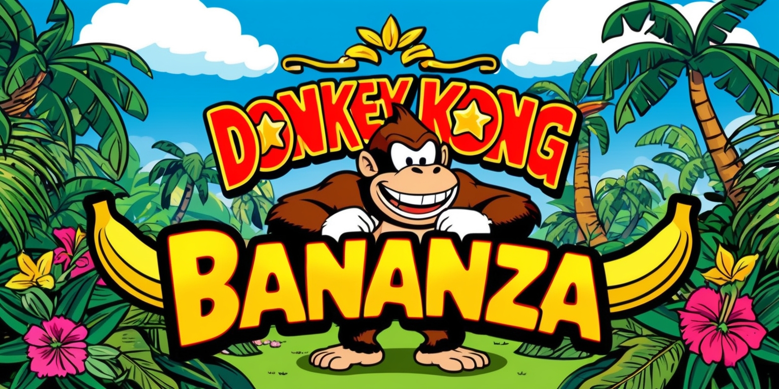 A vibrant, colorful illustration of Donkey Kong Bananza game, showcasing the titular ape proudly standing in the center, surrounded by lush green jungle foliage and exotic flowers, with a bright blue sky and fluffy white clouds in the background, incorporating bold, comic-book inspired visuals with thick outlines and expressive facial features, Donkey Kong sporting a cheeky grin and twinkling eyes, with a hint of mischievousness, the game's logo emblazoned in bold, golden fonts above him, with the tagline Bananza written in curved, playful script below, surrounded by banana leaves and tropical palm trees, evoking a sense of fun, adventure, and excitement.