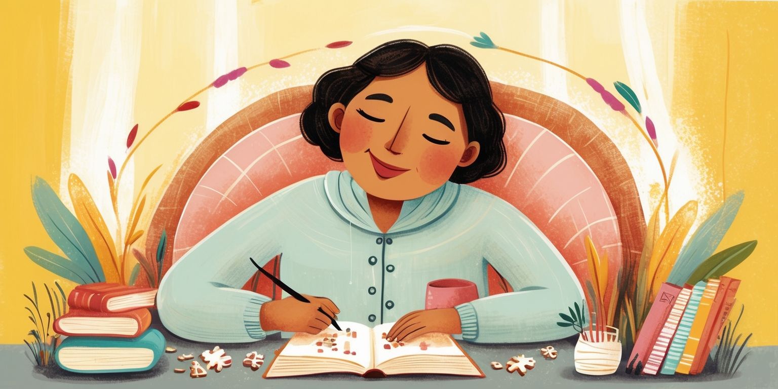 A serene and vibrant illustration of a person engaged in their favorite leisure activity, set against a warm and cozy background with soft yellow hues and gentle lighting, the individual has a relaxed facial expression with a gentle smile, their skin tone is a healthy glow, and they are surrounded by elements that reflect their hobby, such as books, puzzles, or a musical instrument, the atmosphere is peaceful and calming, with a sense of joy and contentment, the color palette is a mix of pastel shades and earthy tones, with a splash of bright colors to represent the person's creativity and enthusiasm, the overall style is whimsical and dreamy, with bold lines and delicate textures, the layout is balanced and harmonious, with plenty of negative space to convey a sense of freedom and relaxation.