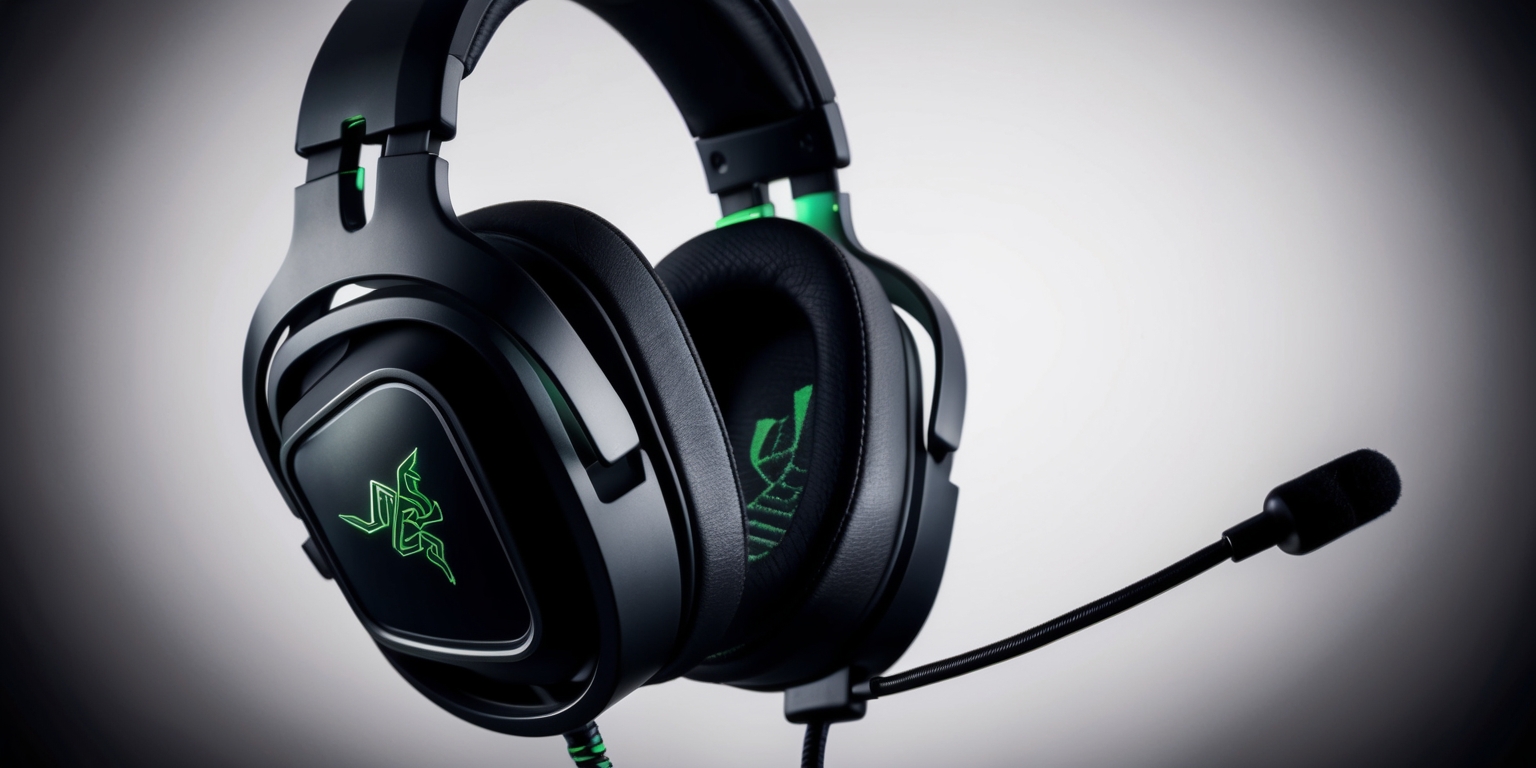 A high-resolution image of a Razer BlackShark V3 Pro gaming headset, showcasing its sleek and durable design, with a predominantly black color scheme and subtle green accents, the headset's ear cups and headband are made of a premium mix of metal and leatherette materials, the microphone is detachable and features a flexible boom arm, the overall aesthetic is futuristic and gaming-oriented, with sharp lines and angular shapes, the Razer logo is prominently displayed on the side of the ear cup in a metallic green font, the image is shot from a 45-degree angle, with a shallow depth of field, blurring the background to emphasize the headset's details and textures.