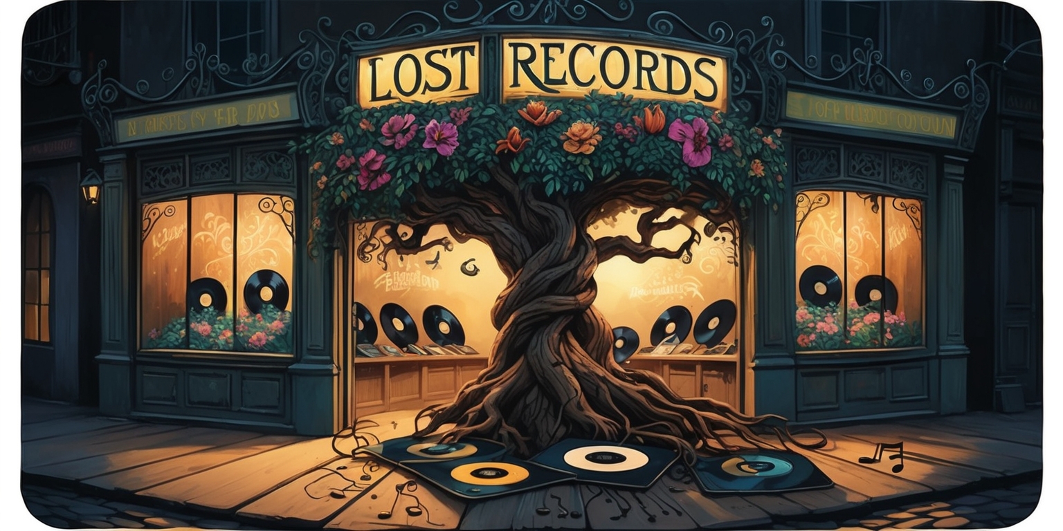 A mystical, vintage-inspired illustration depicting a whimsical record store, Lost Records, where vinyl records come to life amidst a backdrop of blooming florals and foliage. The store's facade is adorned with intricate, curved ironworks and ornate, Art Nouveau-style lettering in a warm, golden hue. At the center, a massive, gnarled tree bursts forth from the wooden floorboards, its branches twisting and curling around the store's sign, while vibrant, exotic flowers bloom from the records themselves. The atmosphere is dimly lit, with warm, golden lighting emanating from within the store, casting long shadows across the cobblestone street. In the foreground, a few vinyl records lie scattered, partially unwound, with music notes and lyrics swirling around them like wisps of smoke. The overall style is reminiscent of a fantastical, dreamlike realism, with bold lines, expressive textures, and a muted, earthy color palette that evokes a sense of nostalgia and wonder.