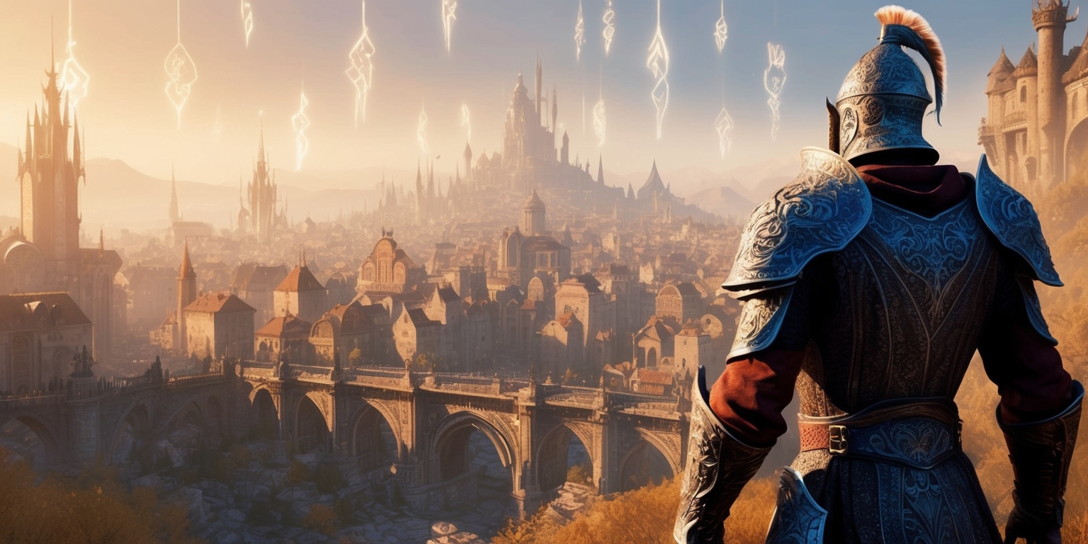 A breathtaking, high-definition digital artwork depicting the fantasy world of Oblivion Remastered, set against a warm, golden sunset backdrop with subtle, glowing mist effects. The image showcases a sprawling, medieval-inspired cityscape with intricately detailed buildings, ornate bridges, and majestic towers, all adorned with vibrant, mystical runes that shimmer with a soft, ethereal light. In the foreground, a heroic figure stands tall, clad in ornate, silver armor with an intricately designed helmet, gazing out upon the breathtaking vista. The atmosphere is one of wonder, magic, and adventure, with a focus on the gritty, realistic textures and subtle, nuanced color palette that defines the Oblivion Remastered aesthetic. The overall style is reminiscent of a beautifully crafted, living-breathing oil painting, with bold brushstrokes and meticulous attention to detail.