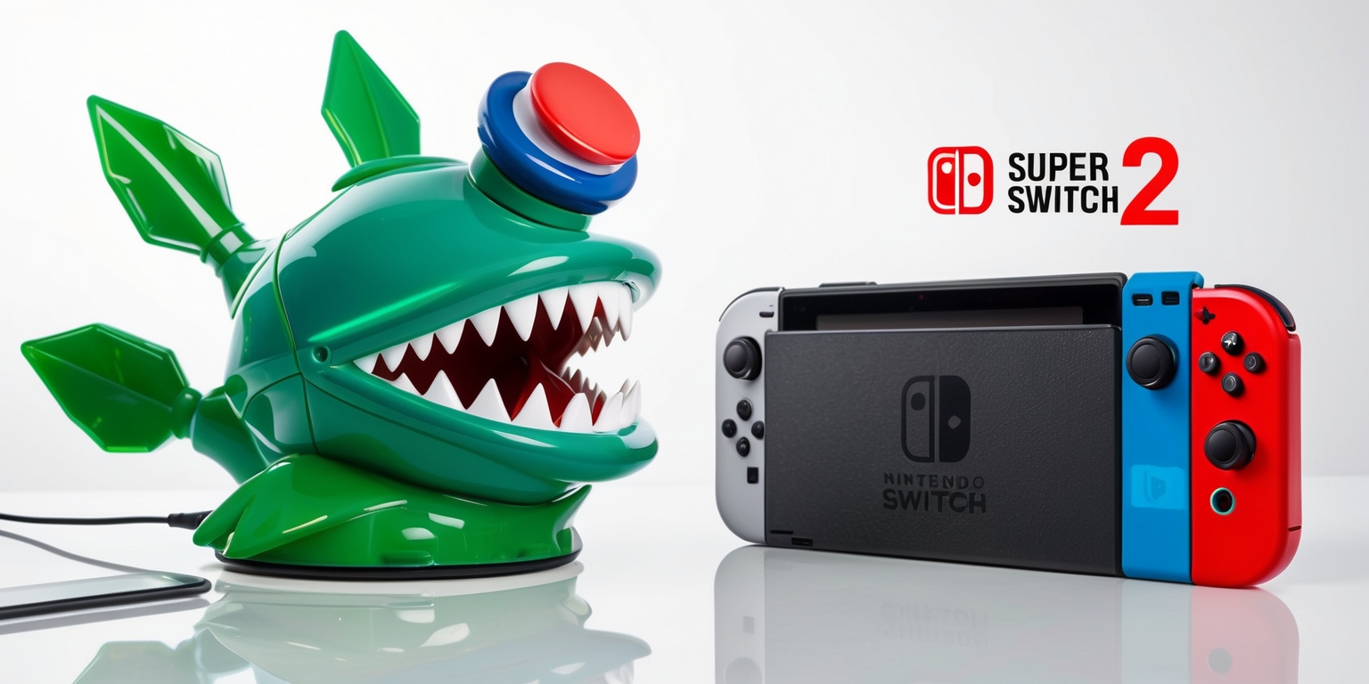 A Nintendo Switch 2 accessory inspired by Super Mario, featuring a design that mimics a Piranha Plant with green leaves and sharp teeth, and includes a replica warp pipe made of shiny blue plastic, doubling as a functional interactive camera with a circular lens and a red button on top, showcasing a charming nostalgic aesthetic with a mix of retro and modern elements, set against a clean white background, with the Nintendo Switch 2 console and its Joy-Con controllers placed beside it, the camera's low 480p output subtly hinted at through a slight blur effect on the screen, capturing the essence of merging nostalgic design with integrated gaming functionality within the Nintendo ecosystem, with bold red and green colors and a sleek modern font used for the Super Mario logo and branding.