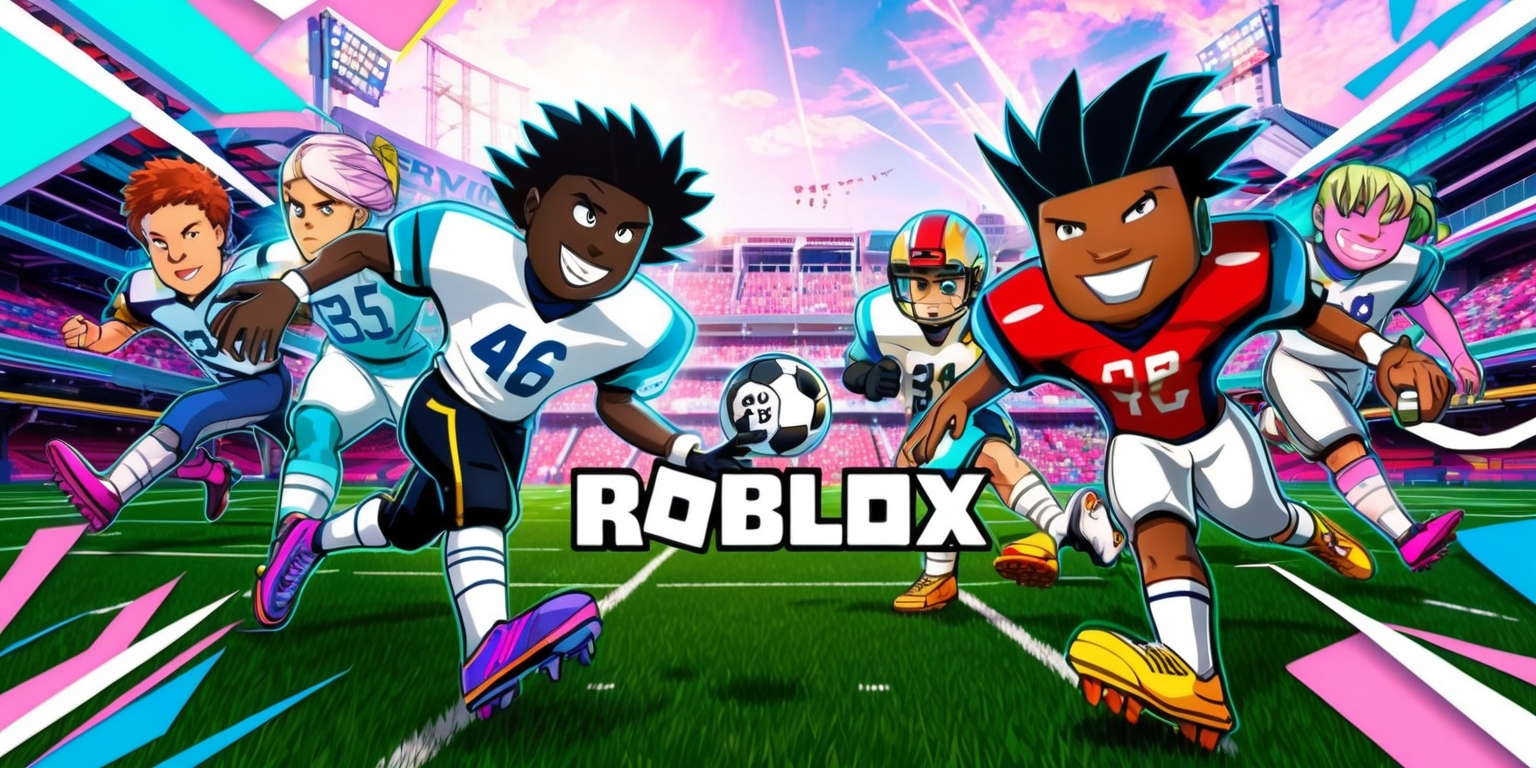 A vibrant and dynamic digital illustration of an anime-style football game set within the popular online platform Roblox, featuring stylized characters with exaggerated facial features and diverse skin tones, wearing futuristic and colorful football jerseys and cleats, set against a bright and detailed stadium background with a lively atmosphere, incorporating bold lines, sharp angles, and a mix of pastel and neon colors, with the Roblox logo prominently displayed in a modern, sans-serif font, possibly with Japanese-inspired elements and accessories, such as anime-style hair and dramatic lighting effects, capturing the energy and excitement of the game in a visually striking and engaging composition.