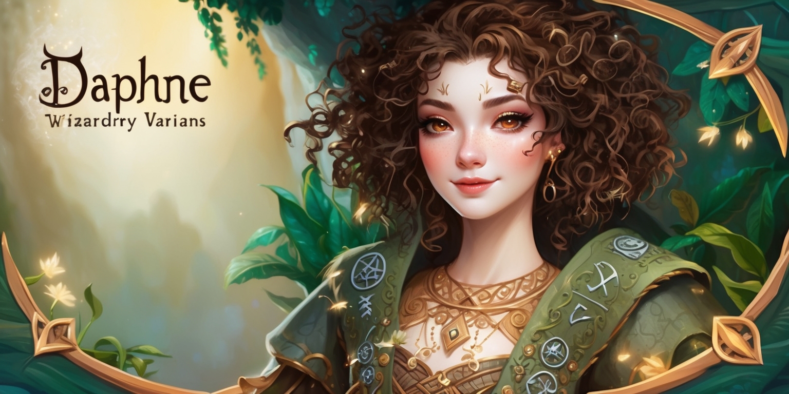 A whimsical illustration of Daphne from the Wizardry Variants game, set against a mystical backdrop with soft, golden lighting, featuring a delicate blend of fantasy and adventure elements, with Daphne's facial features finely detailed, her skin a radiant porcelain complexion, and her hair a wild tangle of curly brown locks, adorned in a intricately designed outfit with embroidered runes and symbols, with a subtle shimmer effect on her attire, surrounded by lush green foliage and twinkling fireflies, in a warm and inviting color palette with earthy tones and muted blues, with the game's logo subtly integrated in the corner, in a elegant, cursive font with a touch of magic and wonder.