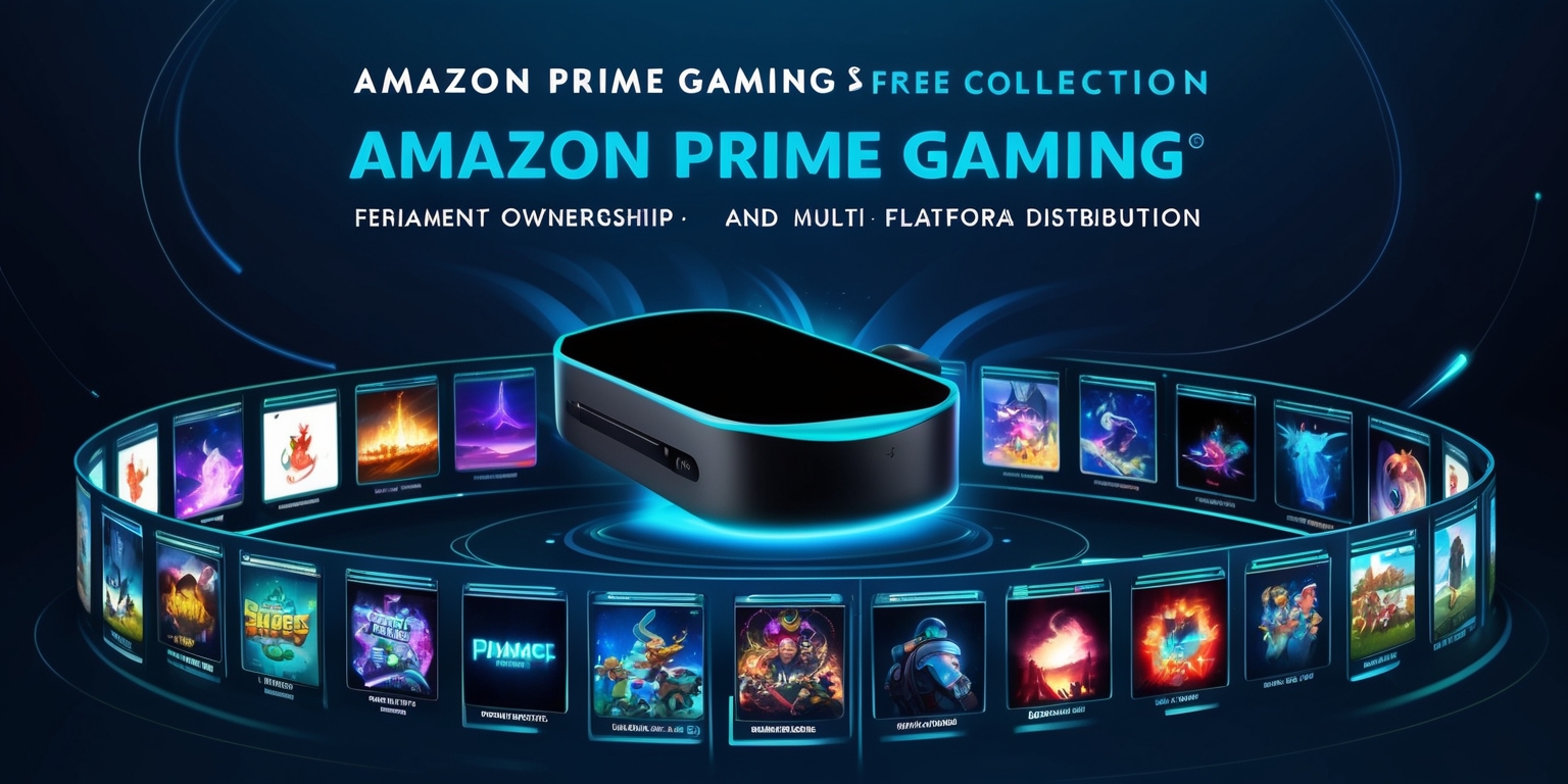 A vibrant, modern digital illustration showcasing Amazon Prime Gaming's free games collection, set against a sleek, dark blue background that evokes a sense of premium gaming. The central focal point is a stylized, curved console or gaming PC, adorned with colorful, swirling lights and subtle, metallic accents. Surrounding the console are ten to fifteen game icons, each featuring distinct, visually appealing artwork that highlights the diversity of genres, such as fantasy landscapes, sci-fi spaceships, and whimsical characters. The icons are arranged in a staggered, organic layout, with each game's title displayed in a clean, bold, white font, while taglines or brief descriptions appear in a smaller, curved line above or below. The overall design is futuristic, dynamic, and eye-catching, conveying the excitement and value of Amazon Prime Gaming's curated lineup. The text, in a bright, electric blue, is cleverly woven throughout the design, emphasizing key benefits like permanent ownership and multi-platform distribution in a clear, easy-to-read format.