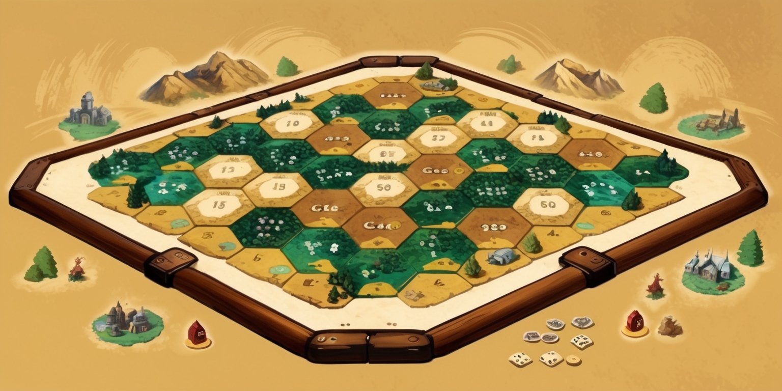 A colorful, highly detailed illustration of the popular board game Catan, set against a warm, beige background that evokes a sense of earthy terrain, with the game board prominently displayed in the center, featuring a 3D island landscape with rolling hills, mountains, and forests, surrounded by a sturdy, wooden frame with a subtle sheen, showcasing the game's signature hexagonal tiles in shades of green, brown, and beige, with tiny, golden numbers and symbols etched onto each tile, and featuring the iconic Catan settlements, roads, and cities, crafted with intricate textures and shading, with a few scattered game pieces, such as wooden houses and knight tokens, arranged artfully around the board, and maybe a few subtle, atmospheric elements like wispy clouds or a faint sun in the background, all rendered in a whimsical, fantastical style that captures the sense of adventure and strategy that defines the game.